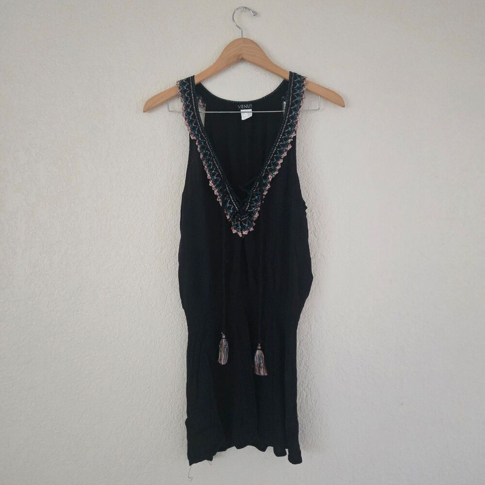 Venus Women's Boho Mini Dress Embroidered Tassel V-Neck Black Size Medium